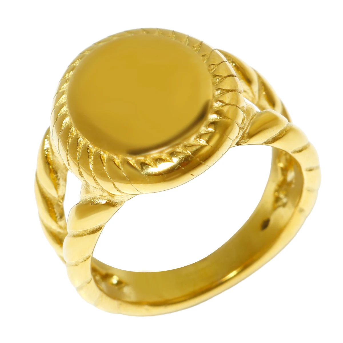 

JINHUI Bright Hollow Ring Band Stainless Steel Rings for Womem Oval Shape Trendy Gold Color Luxury Coin Design Ring Jewelry
