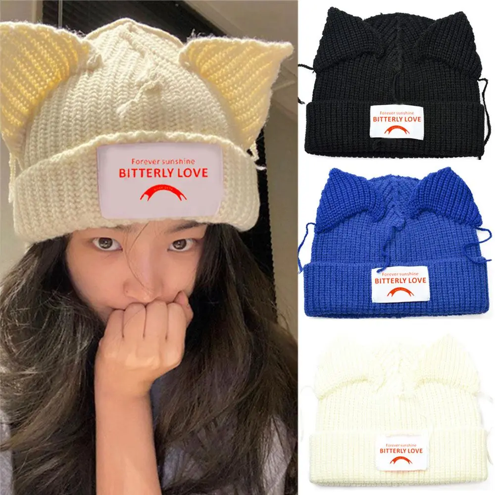 Cute Cartoon Cat Ear Knitted Hat Fashionable Couple Knit Piglet Hat Autumn Winter Warm Comfortable Hat