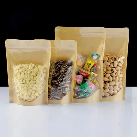 50/100pcs Kraft Paper Zip Lock Bags One Side Clear Stand Up Resealable Snack Coffee Beans Chocolate Packaging Storage Gift