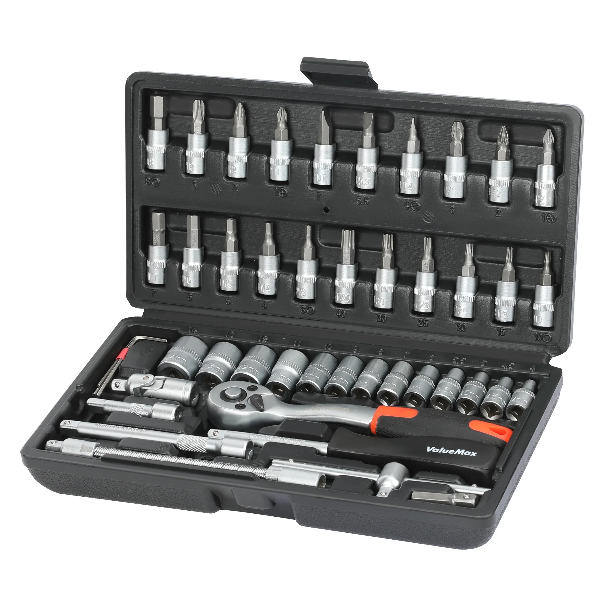 ValueMax Socket Spanner Set 46-Piece Cr-V Steel Socket Spanner with 1/4 Inch Reversible Ratchet Socket Spanner Bit Set Socket