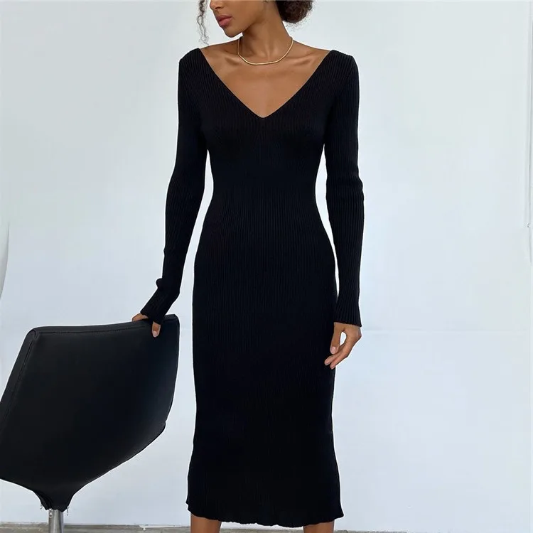 Europe and the United States womens autumn 2024  new sexy long-sleeved long slit strap halter sweater dress.