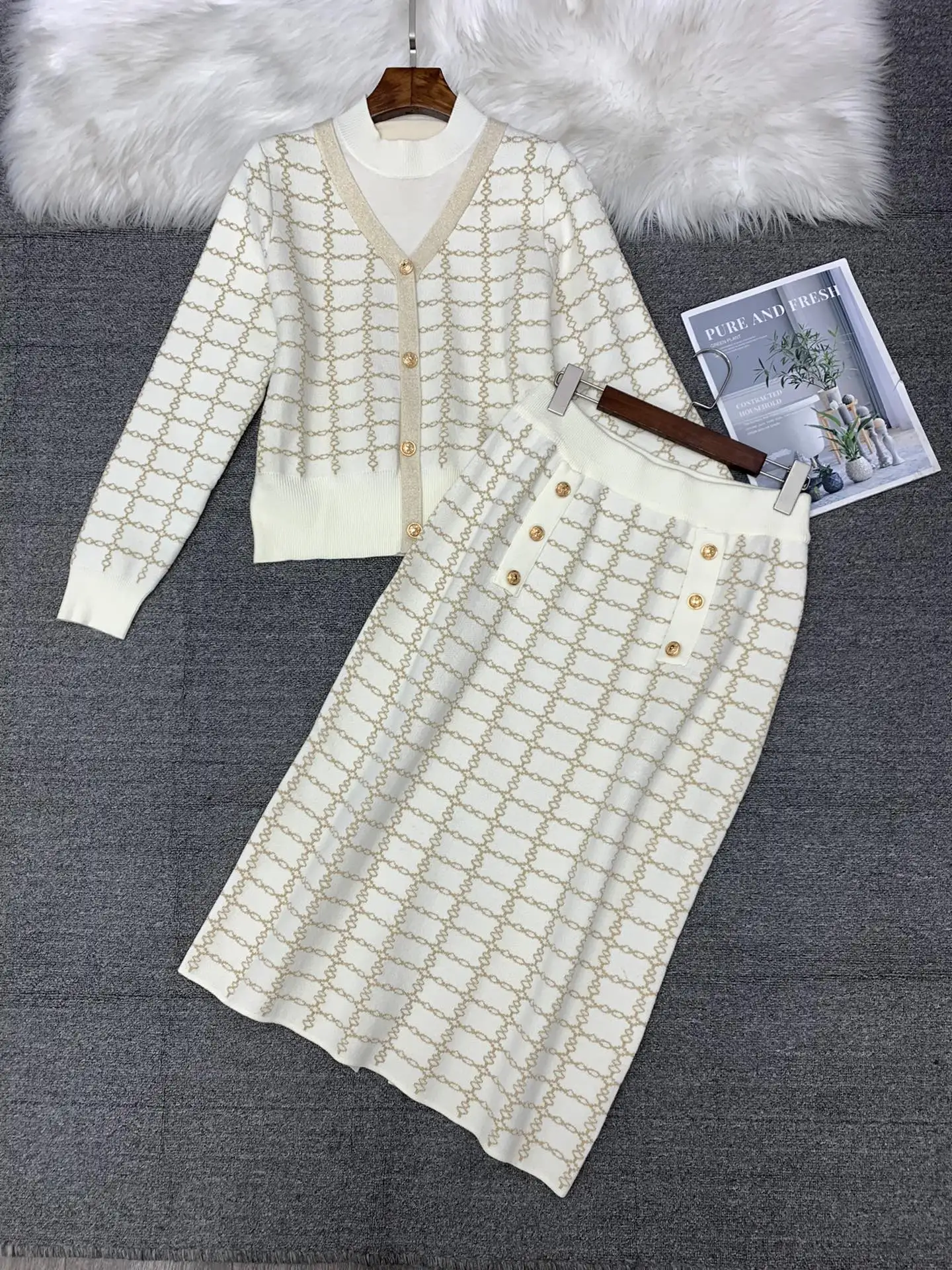 ZJYT Autumn Winter Geometric Patterns Knitted Sweater Skirt Sets Two Piece Womens Outfits Long Sleeve Vintage Dress Set Suits