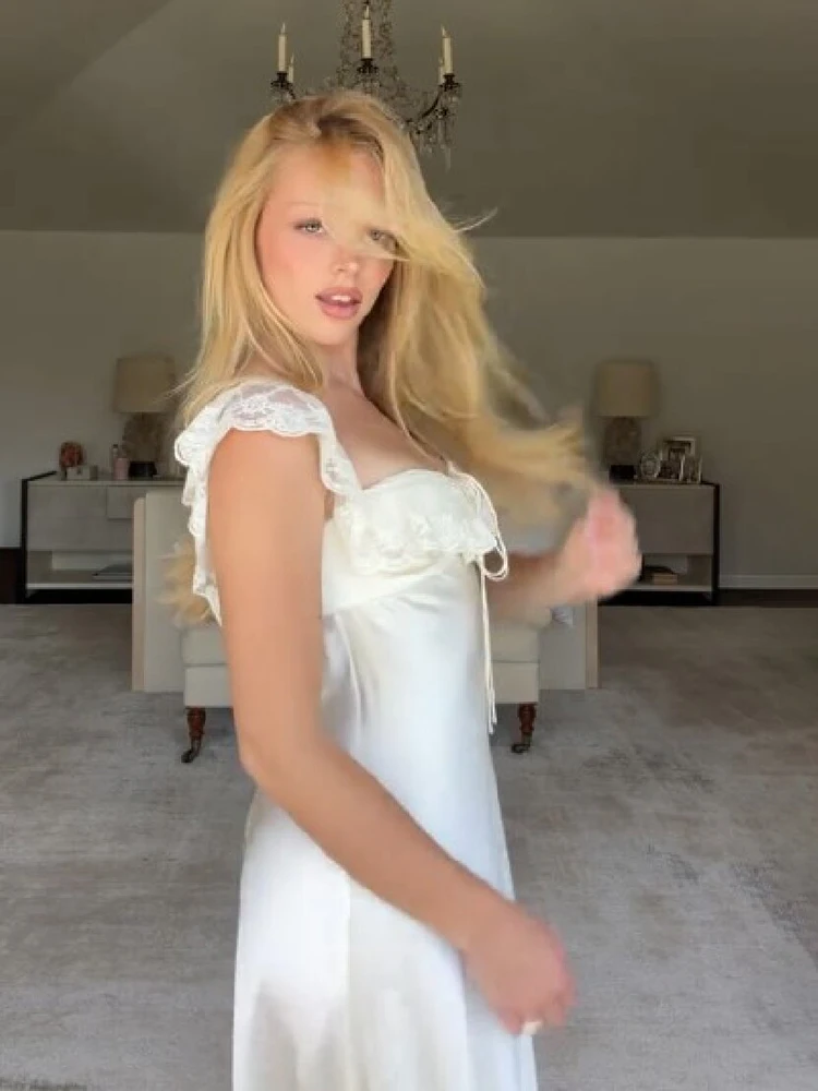 Damen Einfarbiges Langes Kleid mit Spitzenbesatz Schicker Quadratischer Ausschnitt Rückenreißverschluss Figurbetonte Maxi-Rock Elegantes Sommer-Party-Club-Urlaubs-Outfit – Detail 5