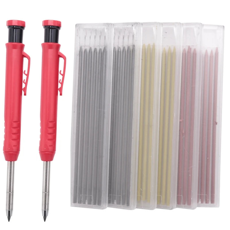 2 Pcs Solid Carpenter Pencils Woodworking Mechanical Pencils And 36 Pieces Refills In 3 Colors With Built-In Sharpener