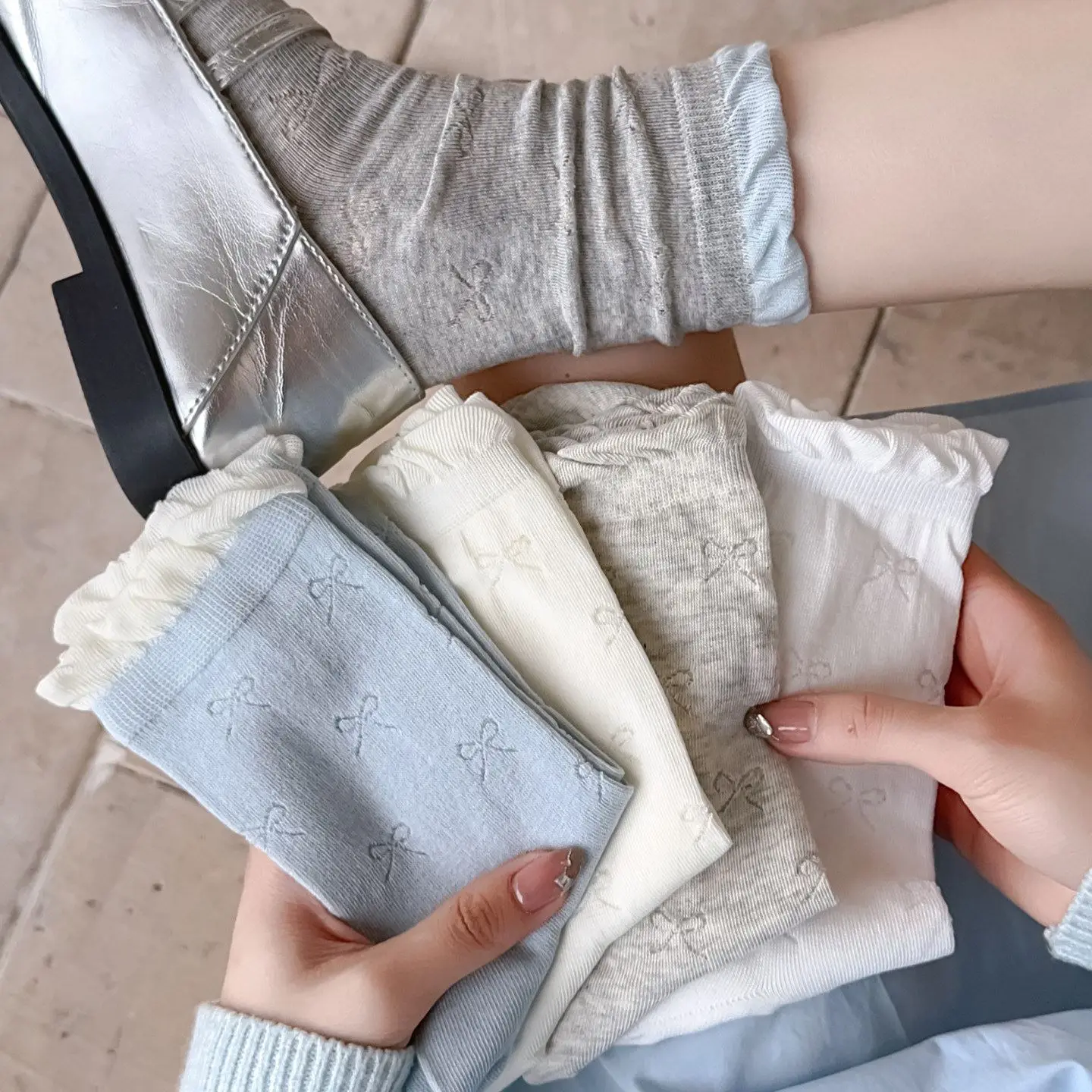 Ballet Style  Knot Socks Women's Ruffle  Mary Jane Shoe Match Spring Autumn Mid-Calf Sweet Style Short Socks