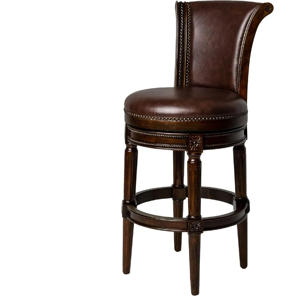 Pullman 31 Inch Tall Bar Height Upholstered Barstool with Back, Dark Walnut Finish with Vintage Brown Vegan Leather Cushion Seat