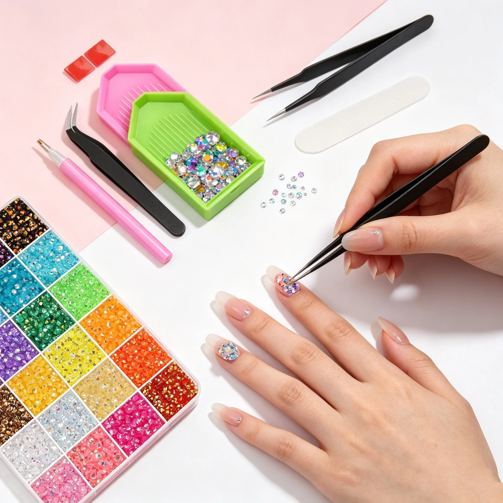 24Grid Resin Flat‑Back Nail Rhinestone with Picker Tools Round Sparkle Crystal Beads Non‑Hotfix Nail Charm Nail Art DIY Supplies