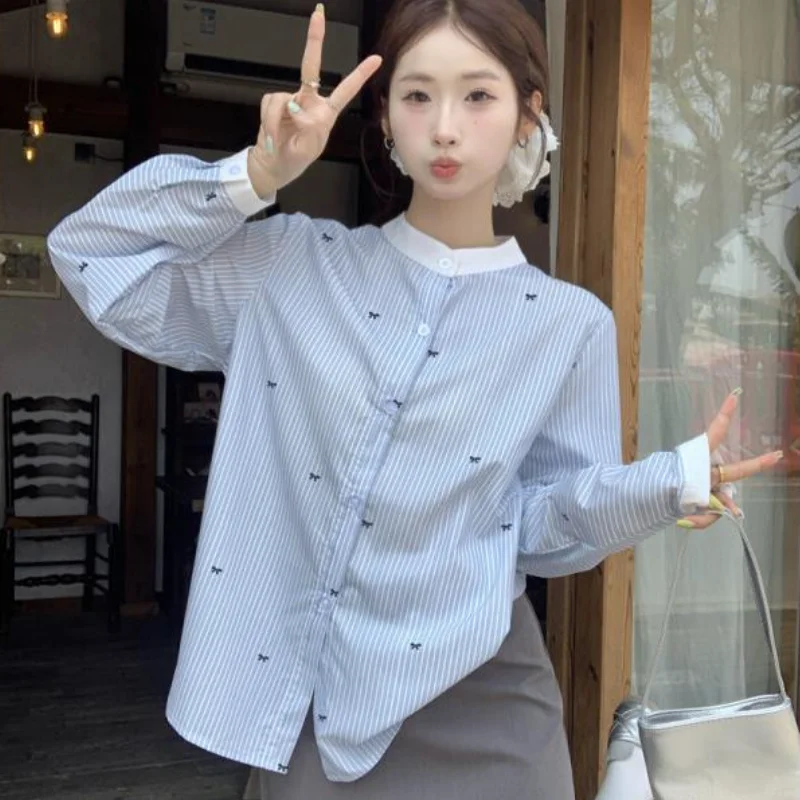 

Blue White Long Sleeve Blouse Cotton Women Bow Print Japanese Styleblouse 2026 Spring Summer Korean Style Round Neck Blouse