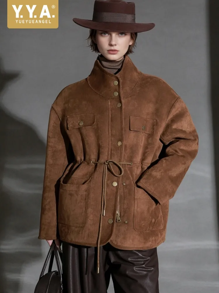 

Autumn Winter Women Reversible Stand Collar Jacket Real Wool Inner Coat Multi Pocket Faux Leather Casual Outerwear Zip Jackets