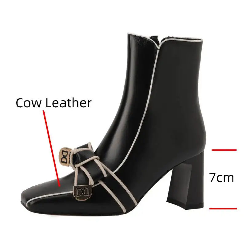 Dilalula 2025 French Style Genuine Leather Butterfly Knot Ankle Boots Women Thick High Heels Office Ladies Autumn Party Boots - Image 2