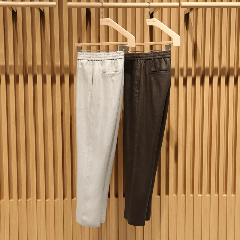Luxurious and Elegant Style Lyocell Linen Straight-Leg Pants with Herringbone Jacquard, Cool and Breathable Men's Casual Trousers