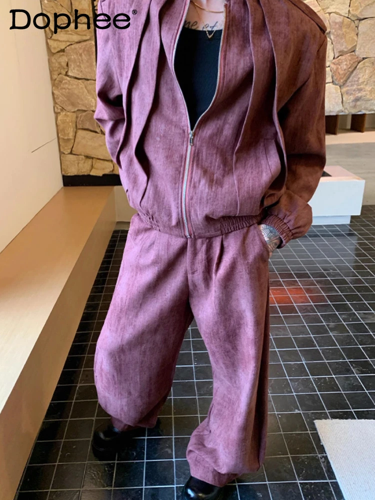 

Мужские осенние новые простые однотонные шикарные комплекты из двух предметов, мужские куртки с воротником-стойкой, модные универсальные удобные комплекты с длинными брюками