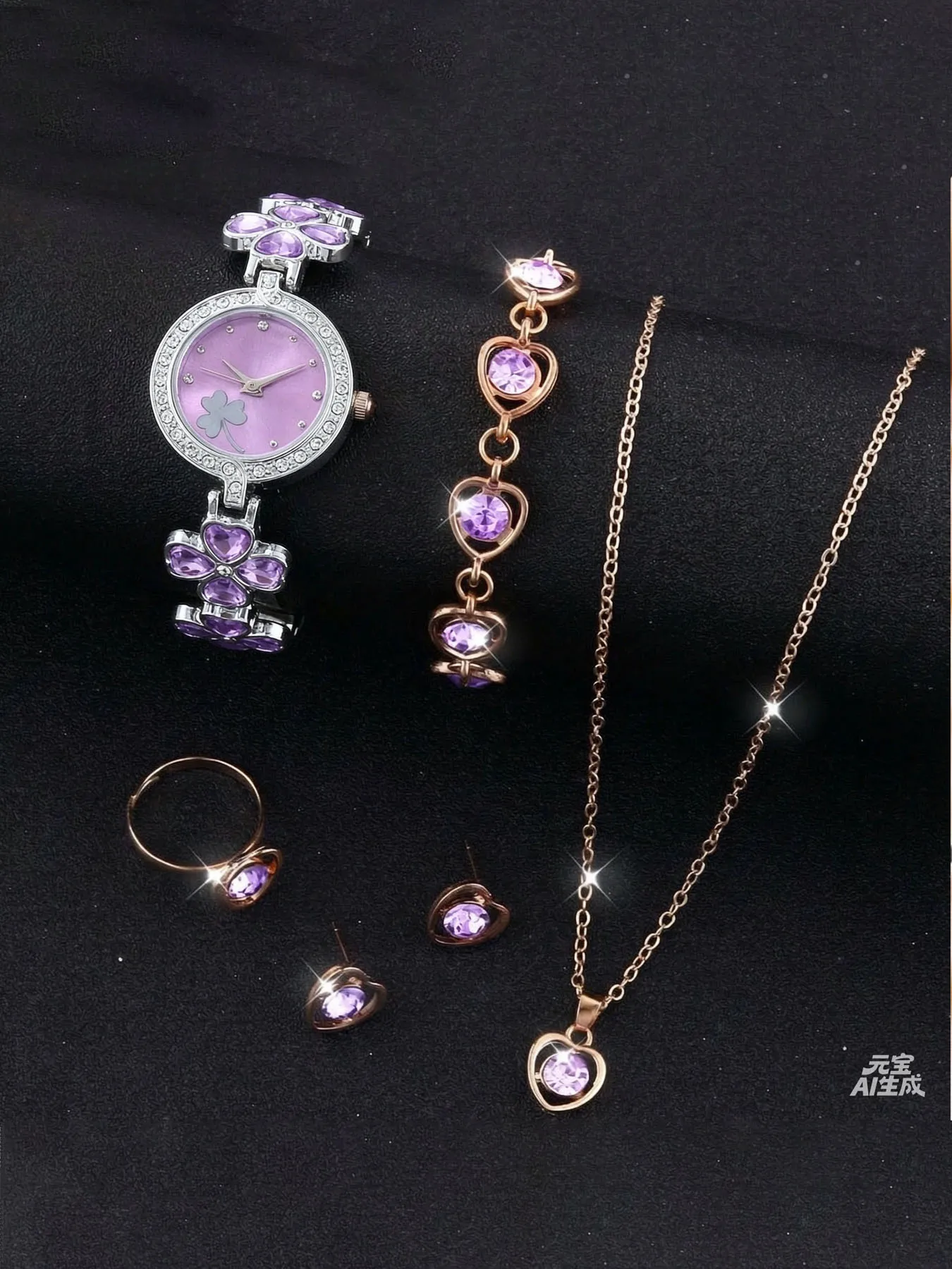 Elegant Ladies Purple Clover Dial Quartz Watch Heart‑Shaped Crystal Jewelry Set Wristwatch Female Party Birthday Gift