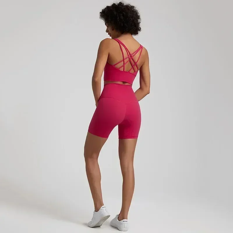 Conjunto de Yoga y gimnasio de limón para mujer, traje deportivo de entrenamiento, sujetador corto de cintura alta y Fitness, Legging corto con almohadilla para el pecho, 2 uds.