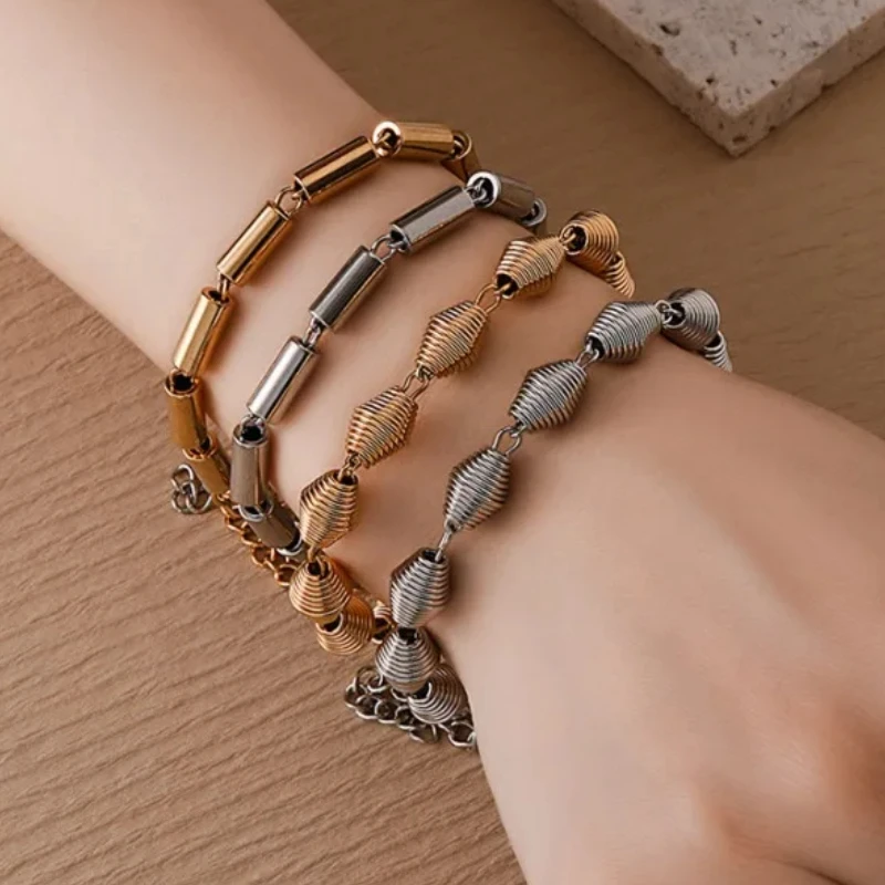 

Euramerican Stainless Steel Geometric Thread Vintage Personality Bracelet Fashion Women Cylinder Gold Plated Bracelet Jewelrys