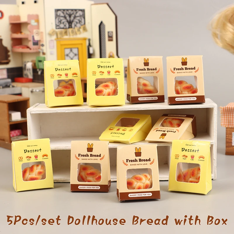 5Set 1:12 Dollhouse Simulation Dessert Bread With Package Box Doll Kitchen Food Decor Toy Dolls House Scene Decor Accessories