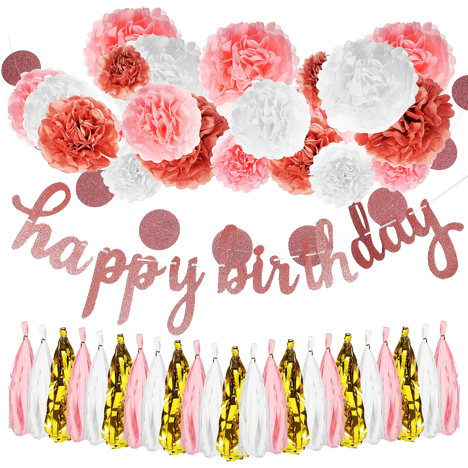 

Paper Flowers Flag Party Decorations Pink Tassel Banner Happy Birthday Birthday Decorations For Women Garland Rose Gold Paper