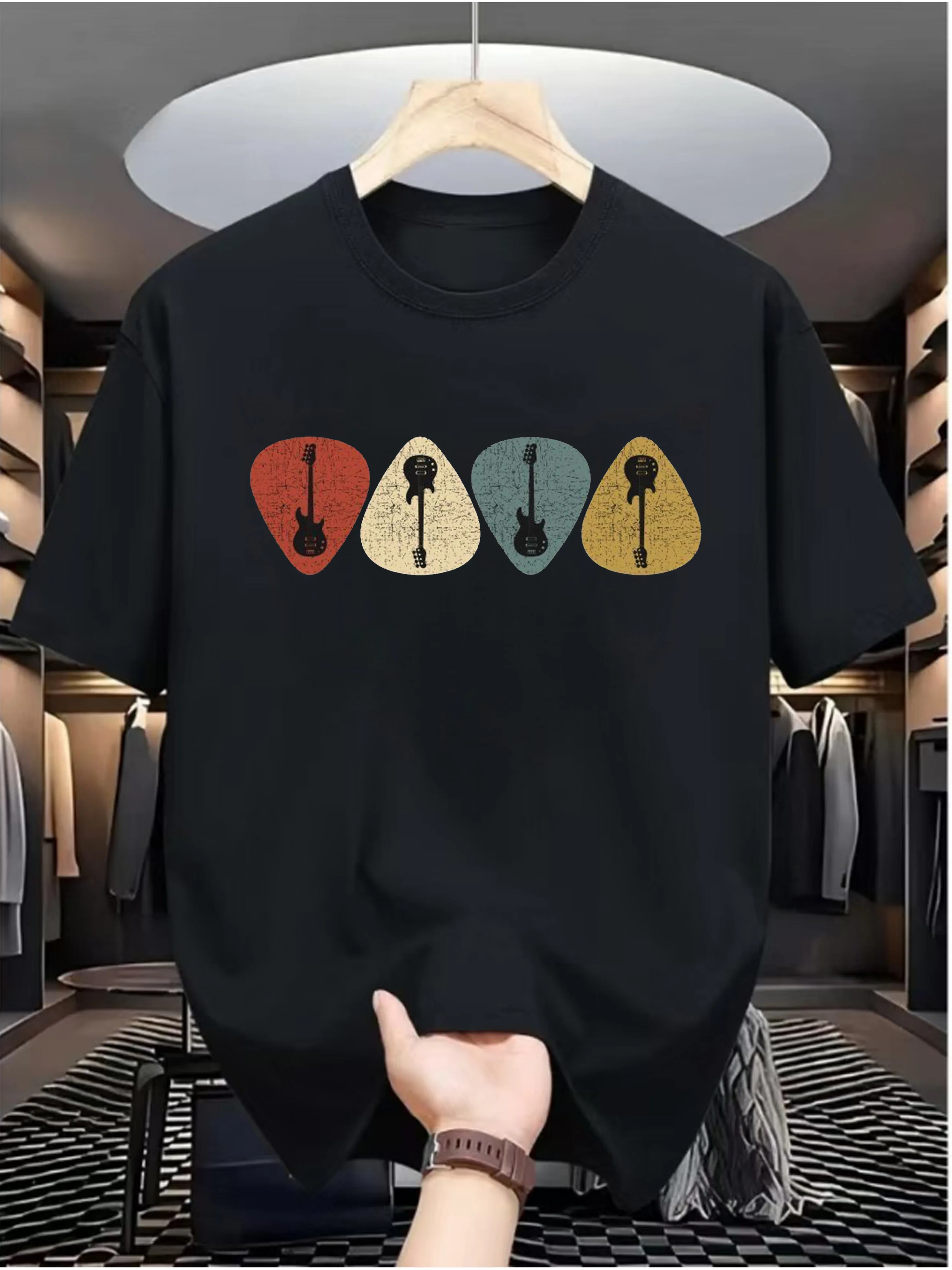 Men's Colorful Guitar Pick Patterns T-shirt Soft and Breathable Cotton Casual Short Sleeve Streetwear Oversized Loose Casual