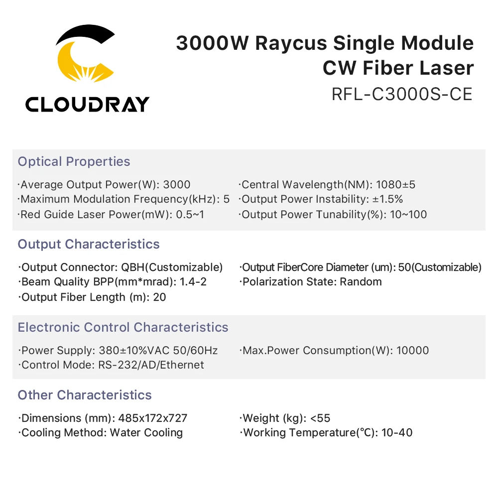 Cloudray BM98 Raycus Single Module CW Fiber Laser Source 3000W