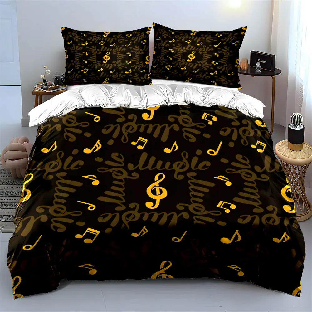 Musical Notes and Golden Text Background Bedding Set 1 Duvet Cover 2 Pillowcases for Adult and Children Luxury Gift Full Size