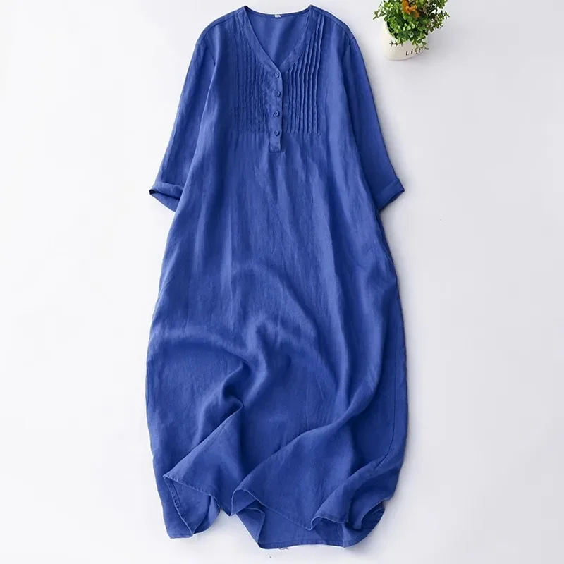 

Pop Women Clothing New Summer Vintage V-Neck Accordion Pleats Straight Dresses Minimalist Solid Casual Loose Sundress Vestidos