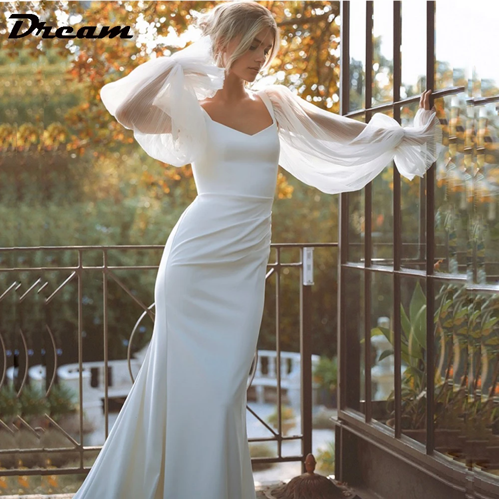 

DREAM Long Puffy Sleeves Mermaid Wedding Dresses Women Pleat Backless Simple Elegant Bridal Gowns Vestidos De Novia Customized