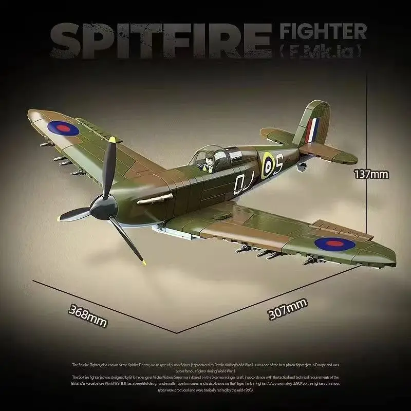 100279 Spitfire F.Mk.Ia Fighter Building Blocks 682Pcs, Aircraft Model Bricks with Random Minifigure, Aviation Hobby Display Toy