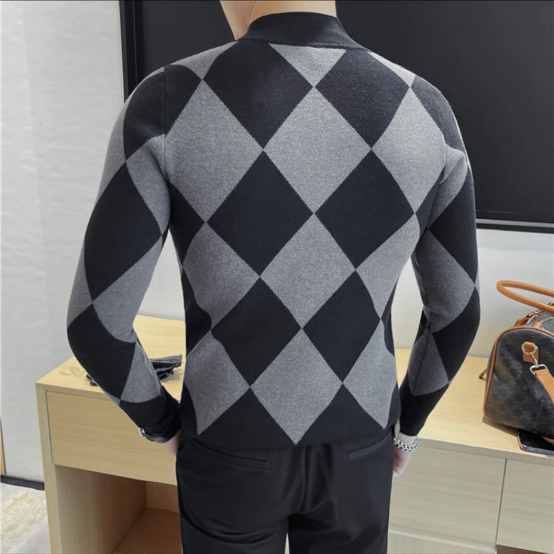 Mock-neck Slim-fit Plaid Men's Fashion Base Shirt Autumn and Winter New Products Stretchable Warm Pullover