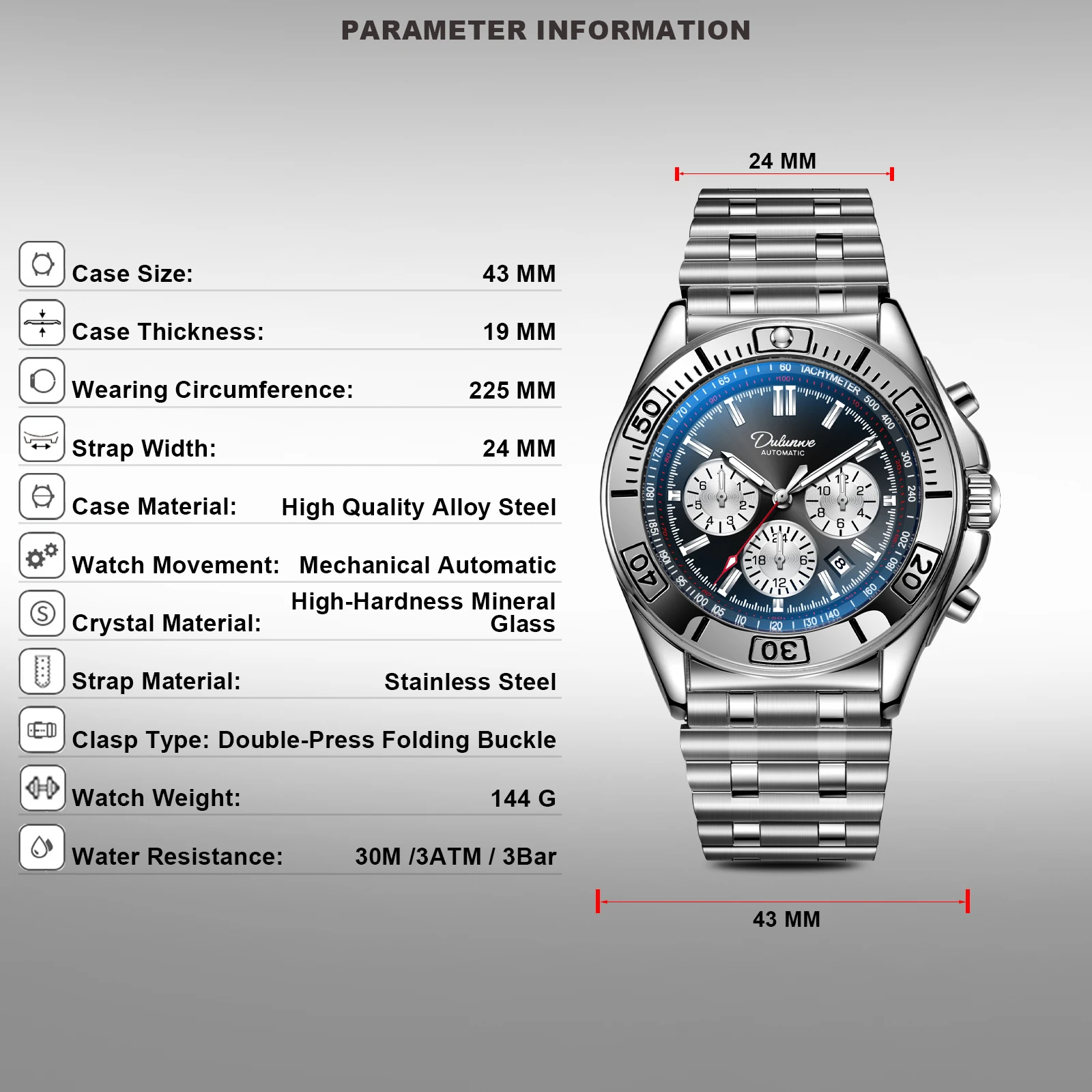 Dulunwe Men's Mechanical Automatic Watch 30M Water Resistant Small Dial Design Month Day Week 24-Hour Display Calendar
