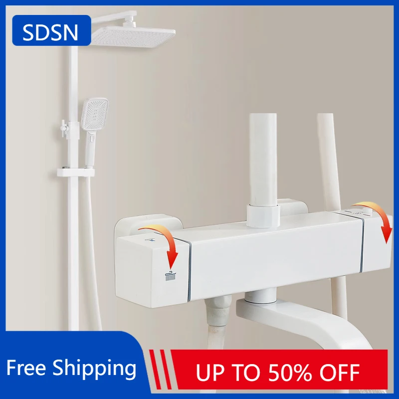 

White Thermostatic Bathroom Shower Set 12 Inch Square Rain Shower Head Quality Brass Thermostatic Bath Shower System Sprinkler