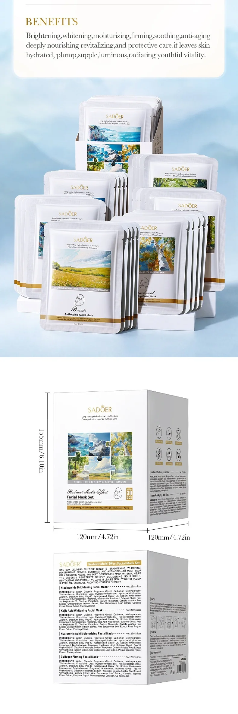 30Pcs SADOER Multi-Ingredient Facial Mask Bundle, SADOER Six Formula Gentle Essence Face Mask Patches, Hydrating Single-Use Mask Sheets to Replenish Moisture for All Skin Types