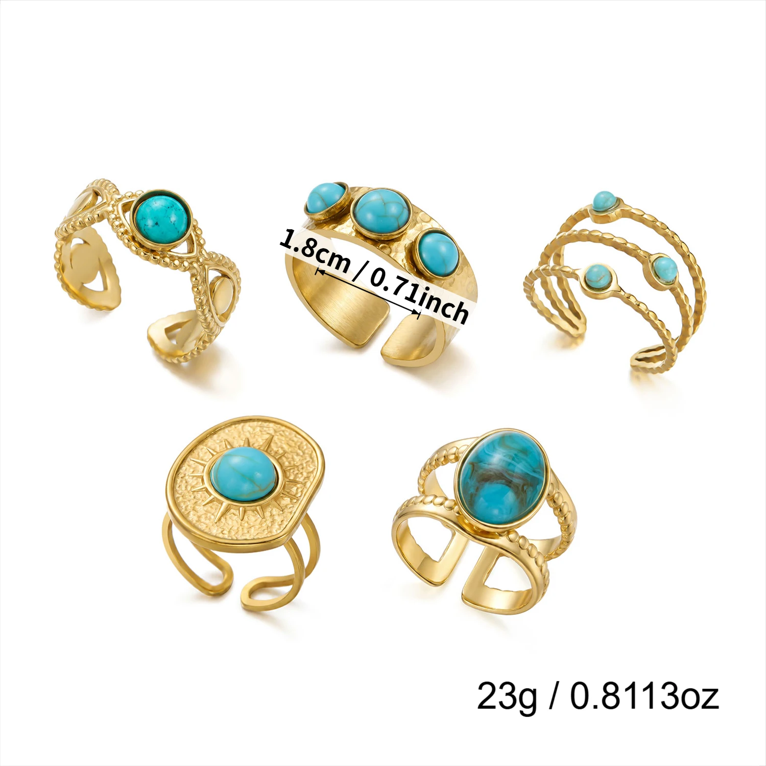 5-teiliges Set türkisfarbener geometrischer Edelstahlringe für Damen, hypoallergen, vergoldet, stapelbar, Party-Statement-Schmuck, Geschenk – Detail 3