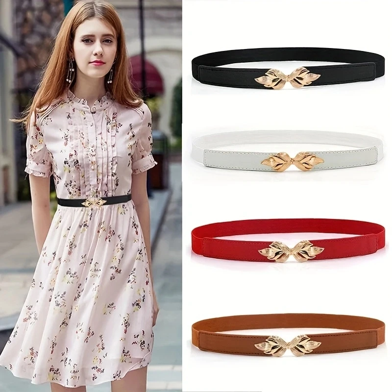 

Golden Leaf Buckle Thin Belts Elegant Solid Color Elastic Belt Trendy Waistband Vintage Dress Coat Girdle For Women