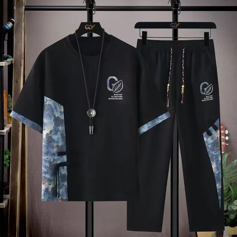 Men T-shirts Casual Pants 2 Piece Set New Autumn Oversize Black Tracksuit M-8XL Men's Sports Sets Costume Homme 2 Pièces