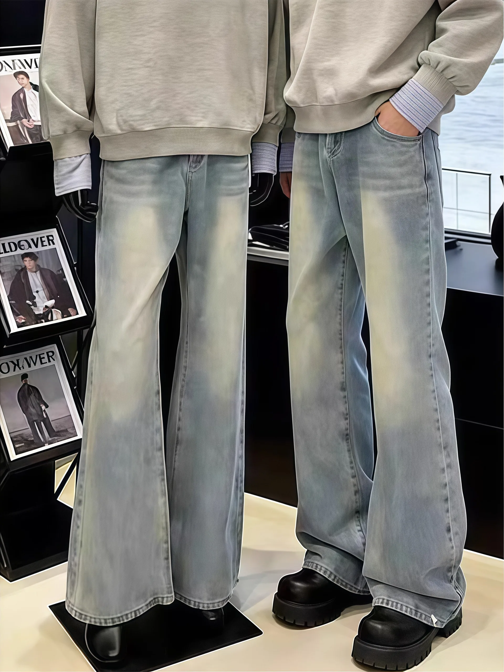 

Мужские джинсы American Retro Blue Washed: весенние, свободные, прямые, повседневные брюки с молнией на средней талии