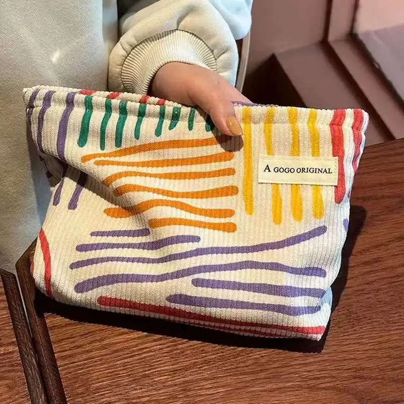 Colorful Stripes Corduroy Cosmetic Bag Portable Travel Toiletry Bag Skincare Sundries Aesthetic Makeup Storage Bag,A-DH
