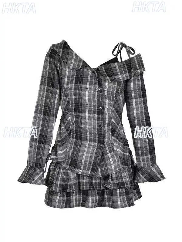 Dolce autunno pendolarismo con spalle scoperte collo inclinato corno manica lunga pull pieghettato sottile irregolare plaid top torta gonne corte set