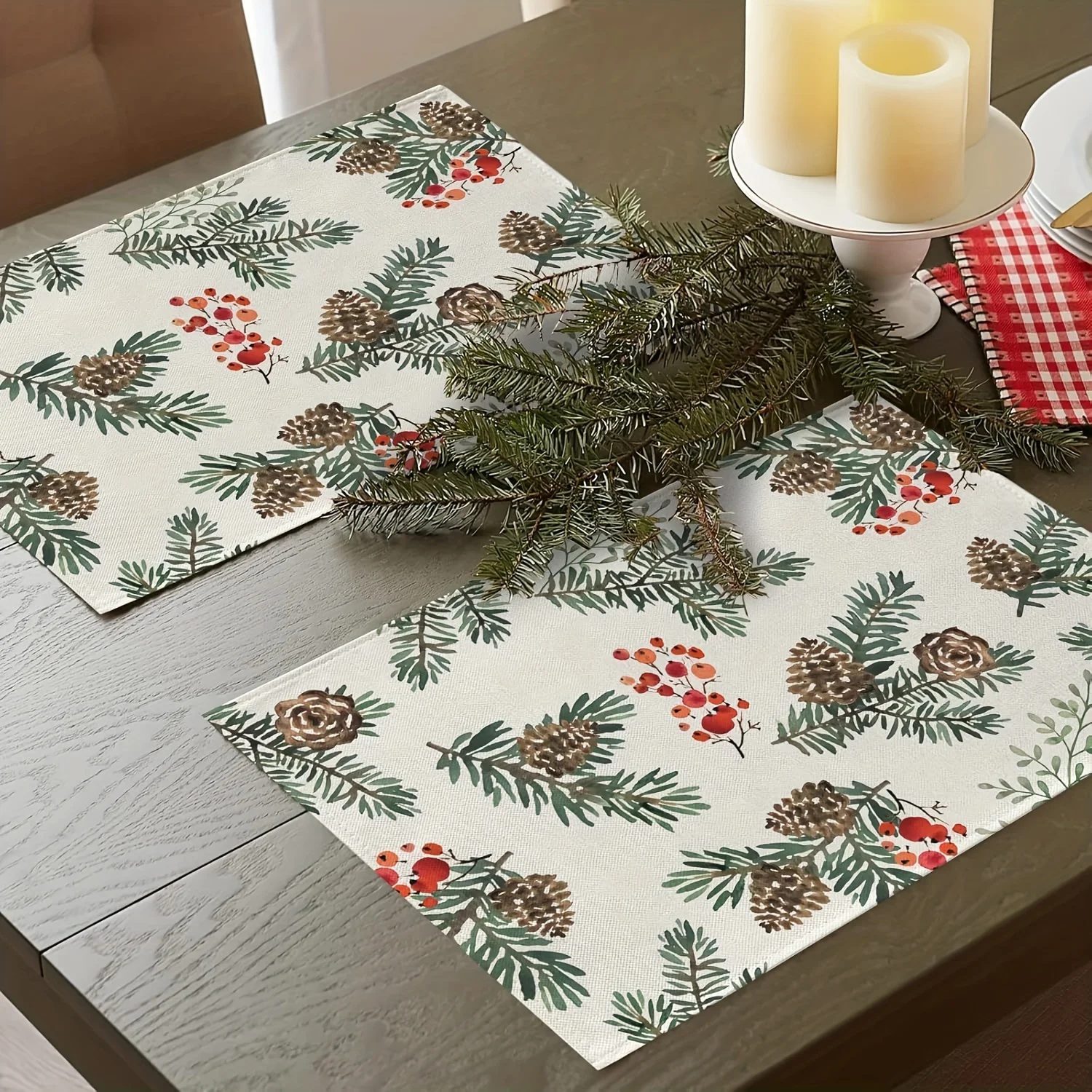 

VIKAMA 4 шт. Рождественские салфетки Mori сосновые ягоды с натуральным узором, рождественские декоративные салфетки для дома и столовой