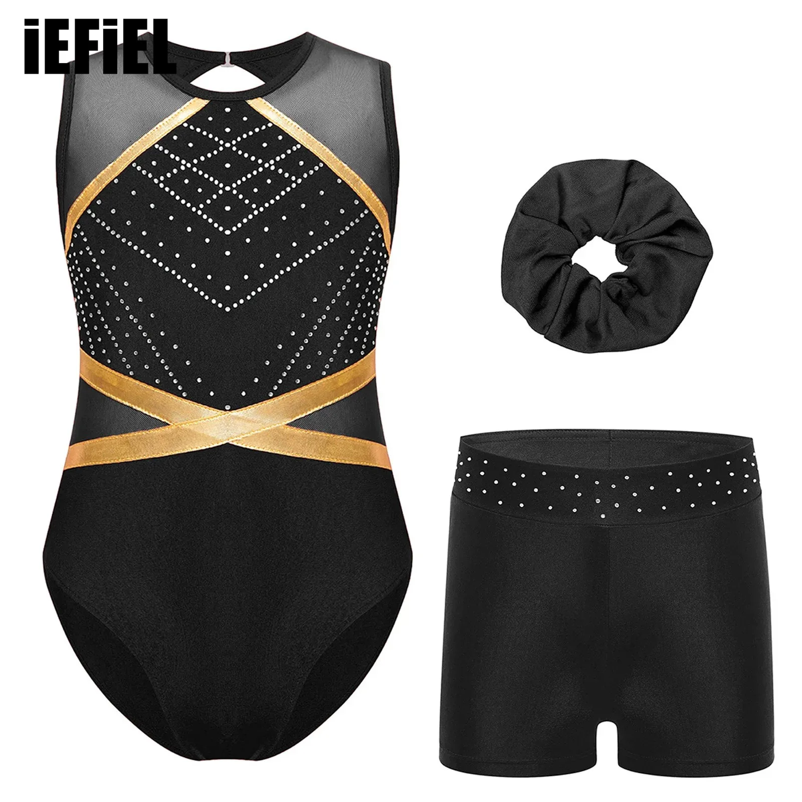 

Kids Girls Patchwork Gymnastics Sets Keyhole Back Sleeveless Leotard with Rhinestones Waistband Shorts And Hair Tie Headwear