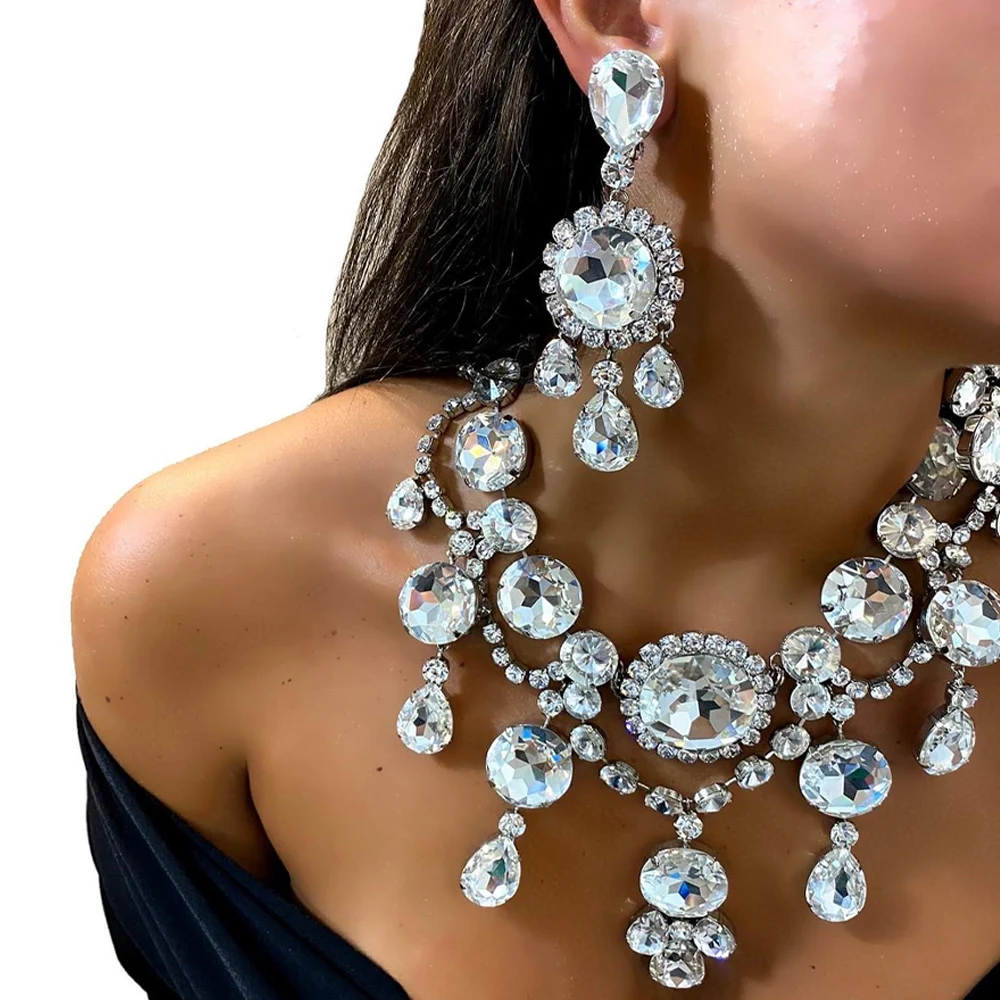 Stonefans Elegant Round Crystal Necklace Earrings Set Women Decoration Exaggerated Rhinestone Bridal Jewelry Sets Wedding Gift