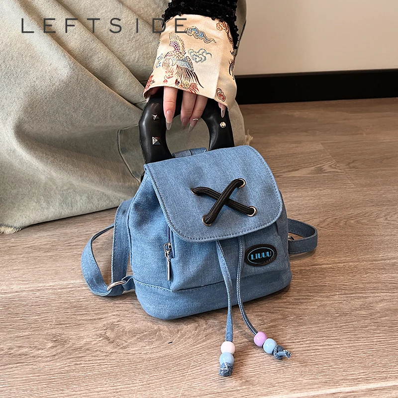 

LEFTSIDE Women's Tie Small 2024 Korean Fashion Backpack Girls School Bag Cute Sweet Denim Fashion Travel Back Pack