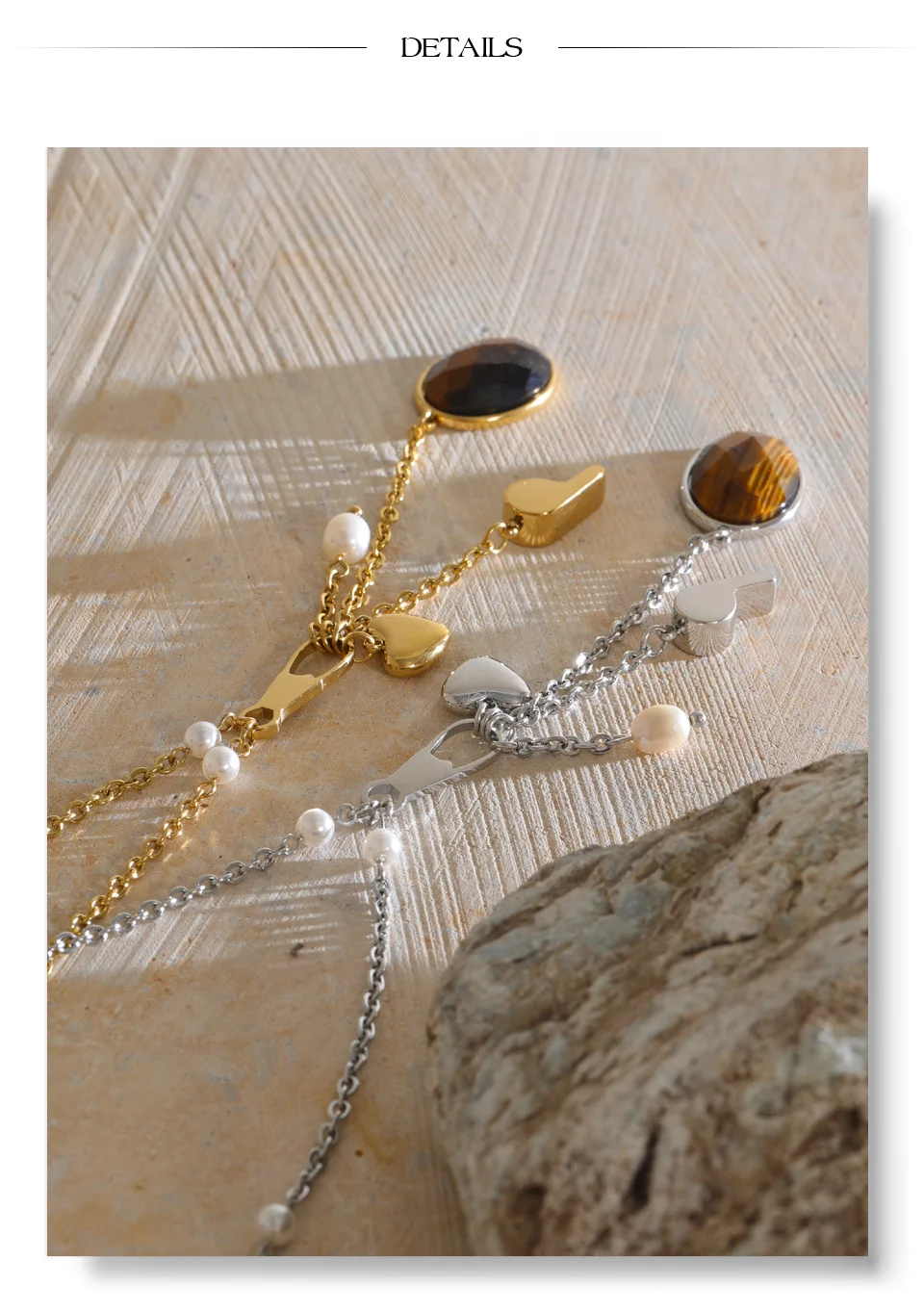Yhpup Edelstahl Y-Kette mit Tigeraugen-Stein und Perlen-Anhänger, wasserdichte Halskette, Neuheiten, Vintage-Modeschmuck – Detail 5