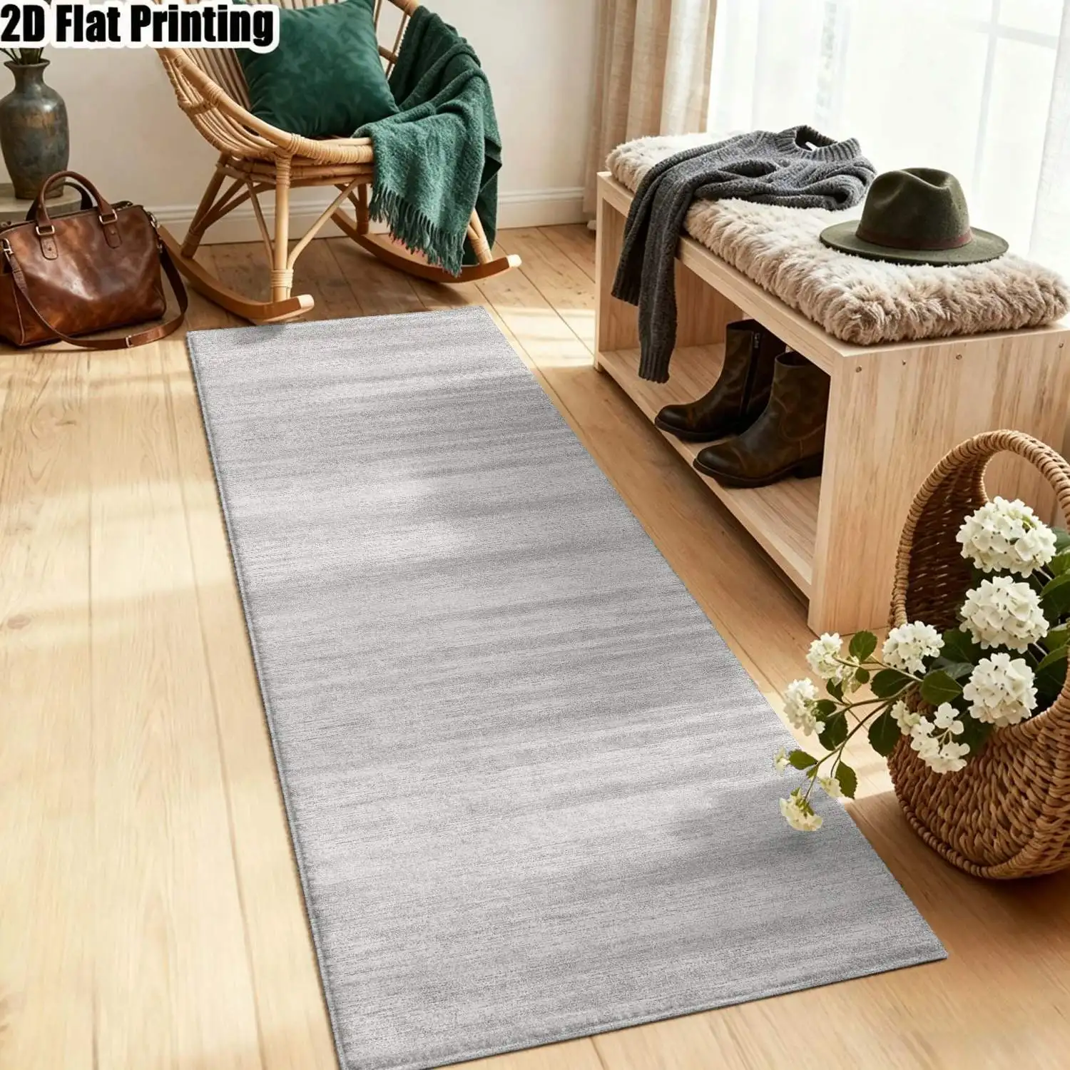 1Pc 2D Printed Light Gray Striped Long Runner Carpet Nordic Modern Minimalist Geometric Striped Carpet, Home Decor, Machine Washable, Multi-Size, Suitable for Entrance, Corridor, Living Room, Bedroom.