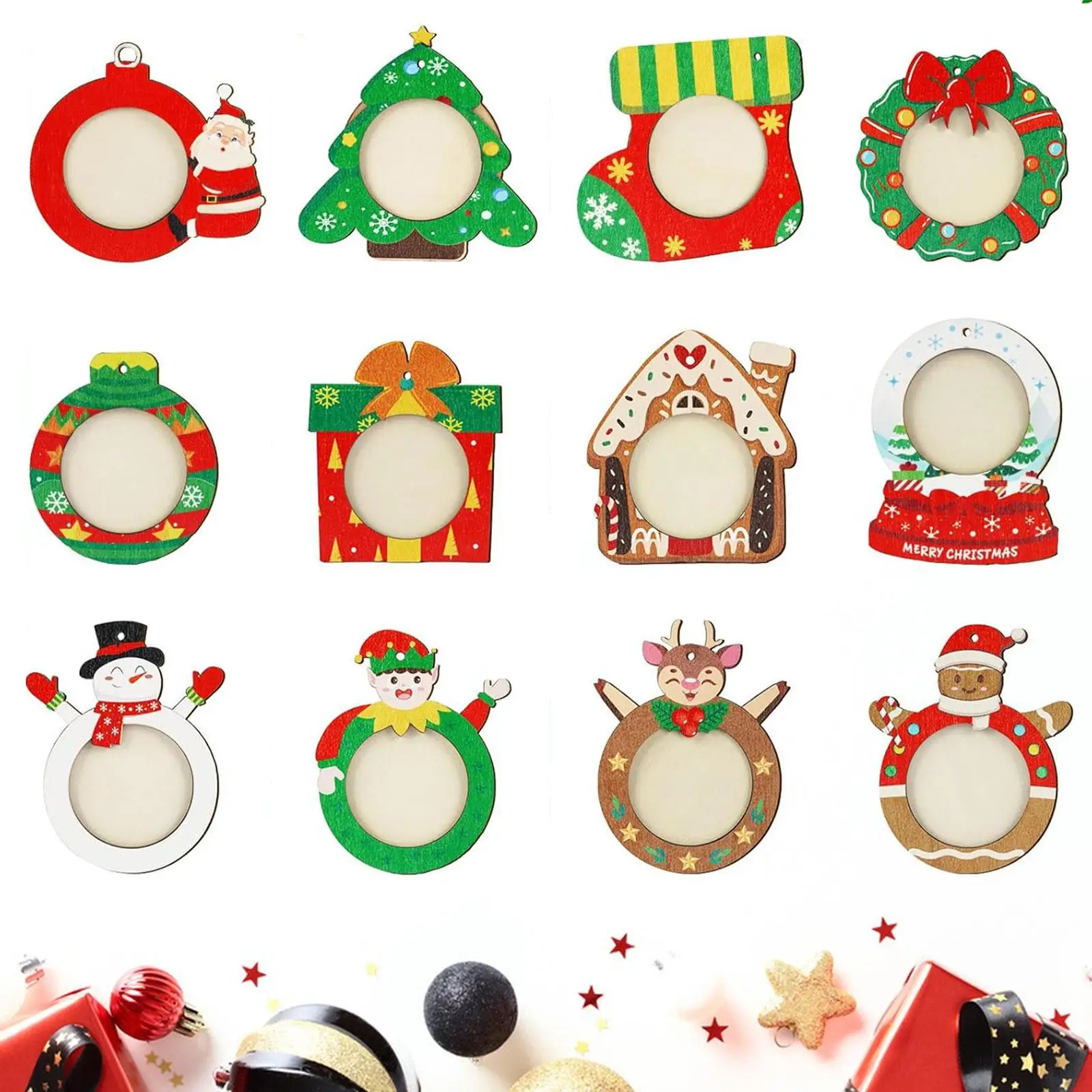 

12Pcs Christmas Photo Frame Ornaments Pendant Creative Holiday Parties Dinner Party Wooden Keepsake Christmas Tree Decoration