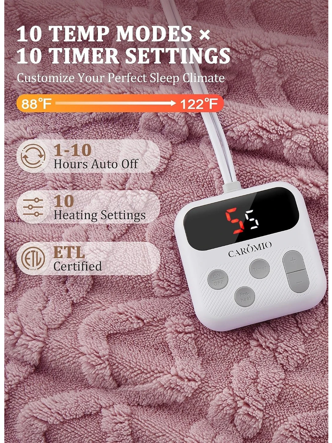 Pink Electric Heated Blanket with 10 Heat Levels 1 to 10 Hour Timer Preheat LCD Controller Overheat Protection Soft Tufted Velvet and Fleece Lining Machine Washable ETL Certified in 6 Sizes