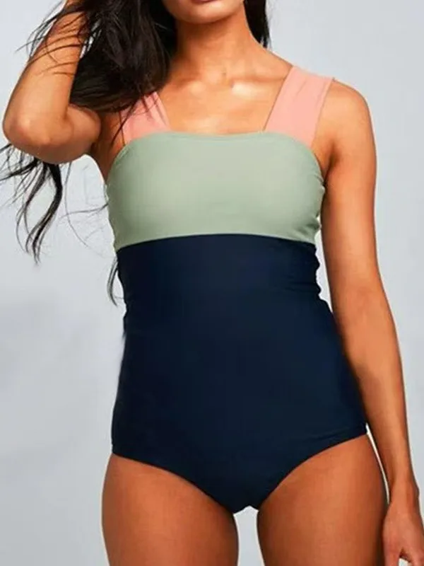 

2026 Women's Sexy Backless Tummy Control One Piece Swimsuit Color Block Push Up Ruched Swimwear Hot Spring Beach Corset Bodysuit