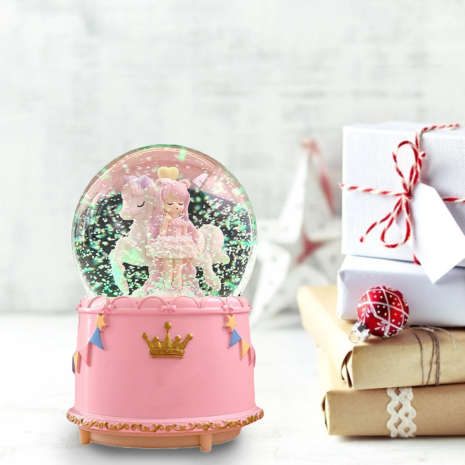 Crystal Ball Music Box Cute Cartoon Look Snowflake Rotating Crystal Ball Music Box for Girls Children 3D Crystal Ball Music Box