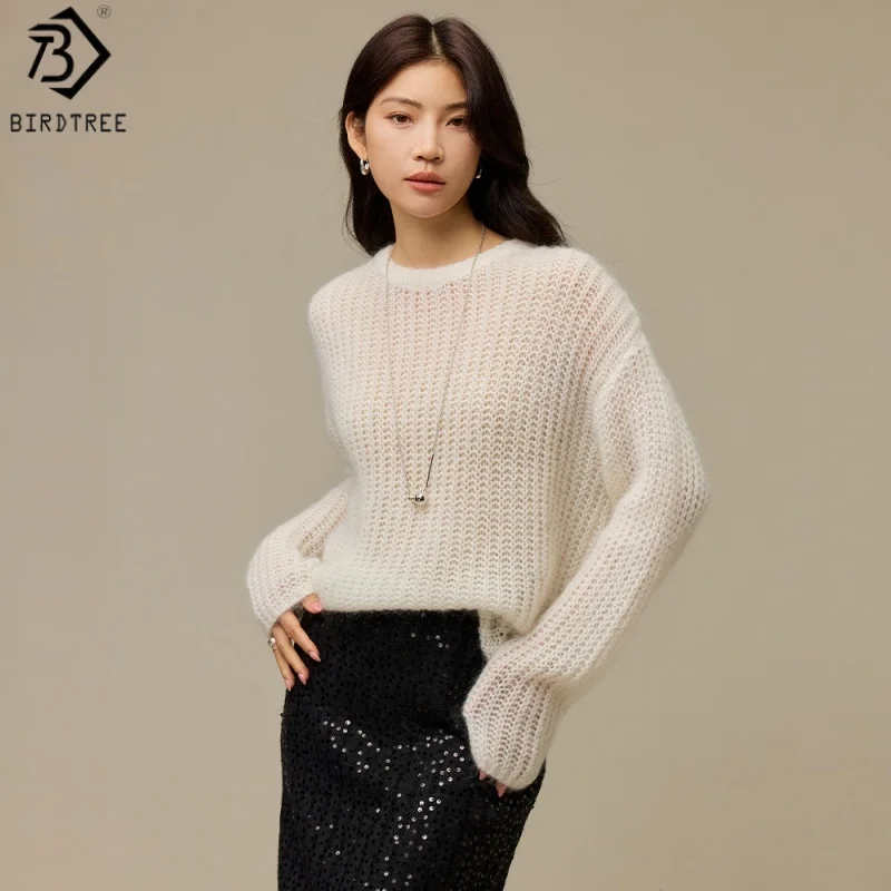 Birdtree, Wool Blended Hollow Sweater, Long Sleeve Top, O-neck Loose Knitwear, Women Knitted Warmth Thin 2026 Pullover T69830JF