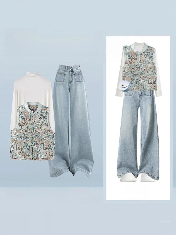 

Осенний повседневный женский комплект в китайском стиле из трех предметов: джинсы с высокой талией, базовая рубашка, многослойный жилет — модный ансамбль