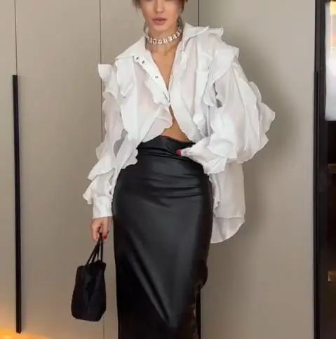 

Women's Fashionable Long Sleeved Shirt Top with Ruffle Edge Lapel Tie Spring/Summer 2025 Loose Fit Casual Elegant Style